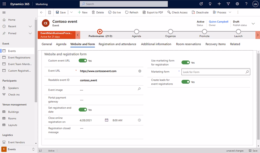 How to create events in Dynamics 365?